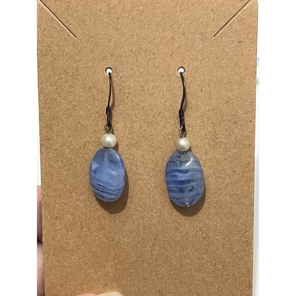 Sky Blue Stone Dangle Hook Earrings With Pearl Bead - Picture 3 of 3